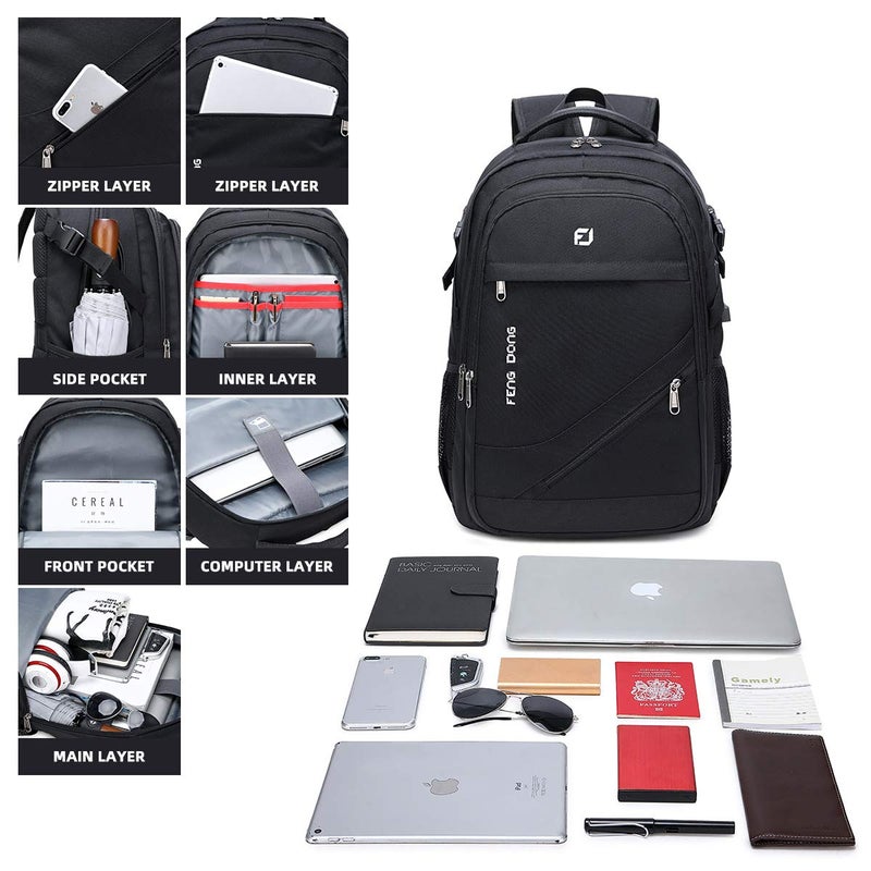 FENGDONG Durable Waterproof Travel Laptop Backpack 17.3 inch,Large College Backpack Bookbag for Men & Women Business Backpack with USB Charging Port and Headset Port Black - Image 4